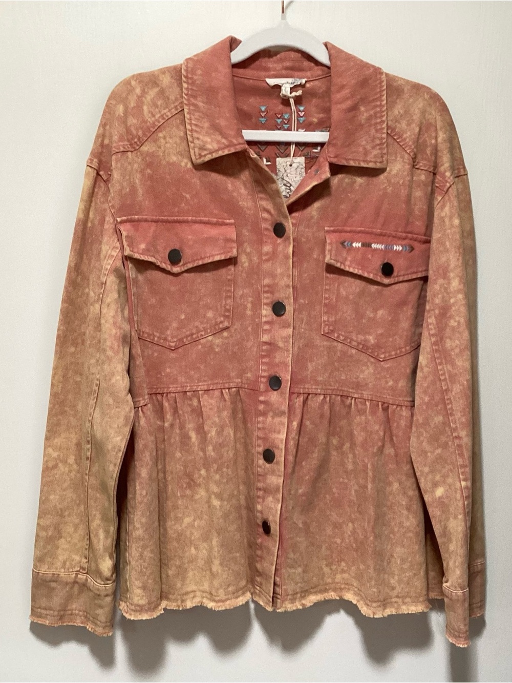 Mineral Wash Embroidered Rust Button-Up Peplum Shacket